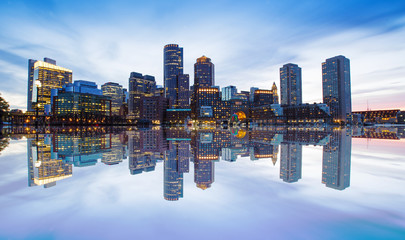 Boston Skyline from Downtown Harborwalk at Night 