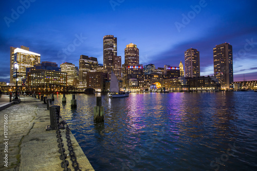 Boston Skyline from Downtown Harborwalk at Night 