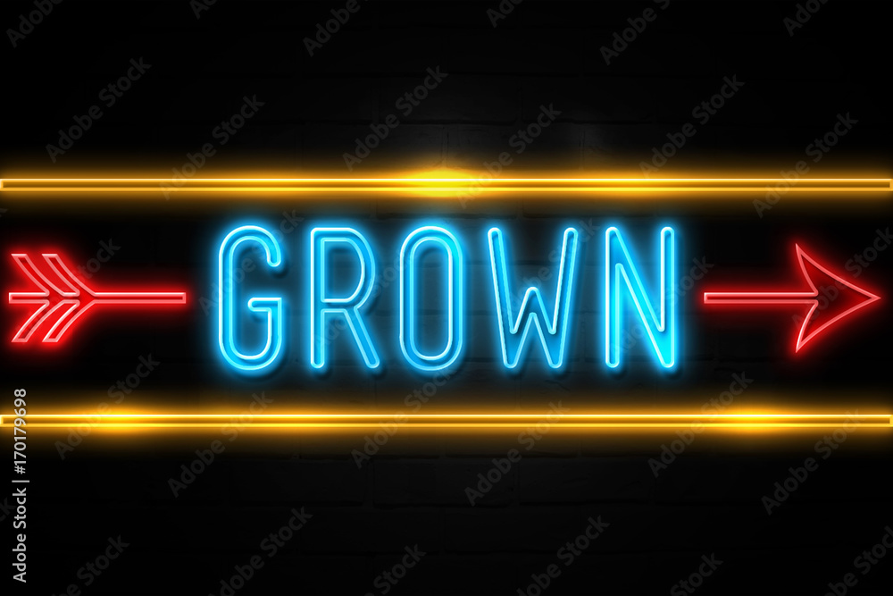 Fototapeta premium Grown - fluorescent Neon Sign on brickwall Front view