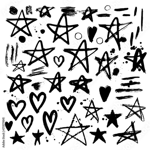 Set of hand drawn stars and hearts. Grunge elements. Brush strok