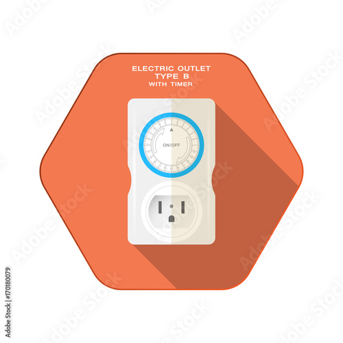 Vector isolated icon of light gray timer with outlet type B and mechanical blue ring switch on the red hexagon background with shadow for use in USA and Canada.