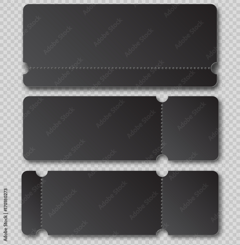 Black ticket template with tear-off element isolated on transparent background. Music, Dance, Live Concert event entrance vector invitation card. Lottery blank Black ticket template with tear-off element isolated on transparent background. Music, Dance, Live Concert event entrance vector invitation card. Lottery blank