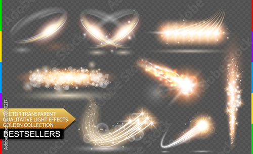Isolated golden flare. Transparent vector light effect set, glitter, spark, star trail, comet or meteor. Abstract translucent element design. Shine ellipse rotational glow line. Sparkling firework