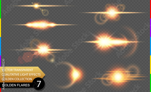 Isolated golden lens flare line. Glow transparent vector light effect set, explosion, sun flash, and star burst. Abstract translucent special element design. Shine semitransparent space comet