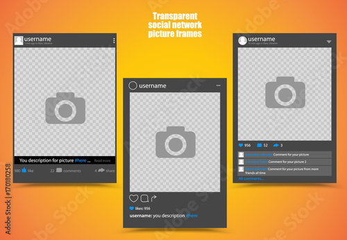Dark photo frame for social network picture with bright orange yellow background and transparent windows. Isolated vector illustration. 