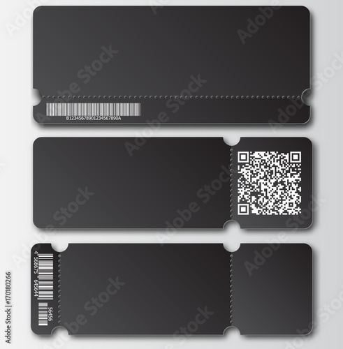 Black ticket template with tear-off element, barcode and QR code isolated on transparent background. Music, Dance, Live Concert event entrance vector invitation card. Lottery blank
