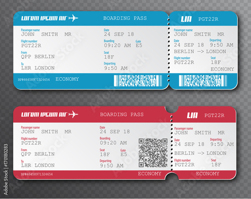 Airline boarding pass ticket tear-off element set, isolated on transparent background. Vector illustration. Red and blue passenger flight card with QR code. Traveling by plane