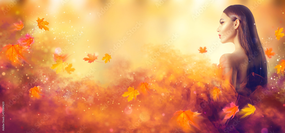 Autumn Woman. Beautiful High fashion woman in autumn yellow dress with ...