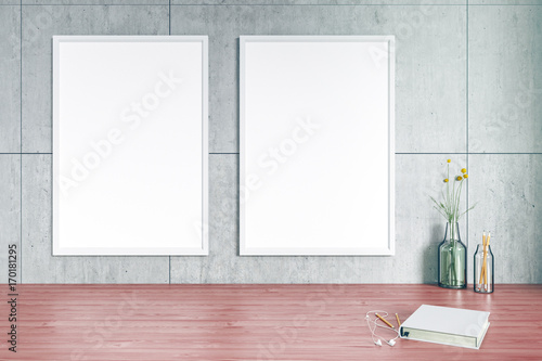 3D Rendering : Illustration of white picture frame mock up on a wooden desk. Mock up white poster interior hipster design. loft cement concrete wall. mock up frame hanging. clipping path included