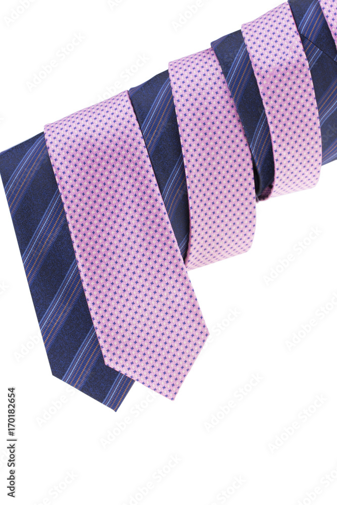 Pink and blue ties twisted around the pole. White background. Pink and blue ties twisted around the pole. White background.