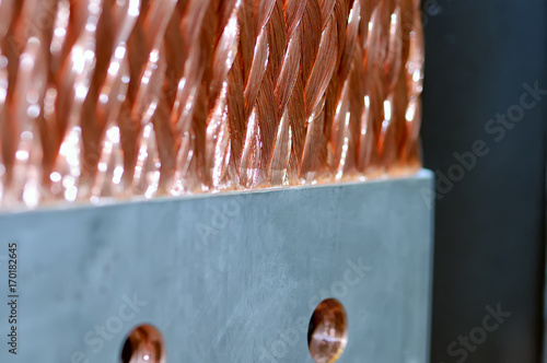 Copper electric bus busbar close-up