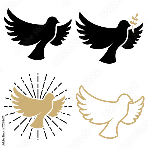 Set of dove icons. Pigeon with a laurel branch. Religious sign.  Peace day.