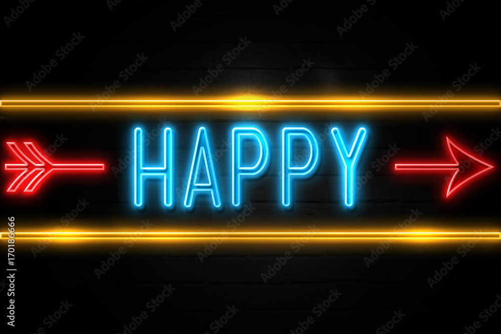 Happy - fluorescent Neon Sign on brickwall Front view Happy - fluorescent Neon Sign on brickwall Front view