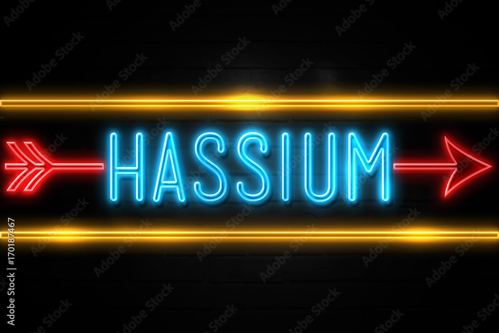 Hassium - fluorescent Neon Sign on brickwall Front view Hassium - fluorescent Neon Sign on brickwall Front view