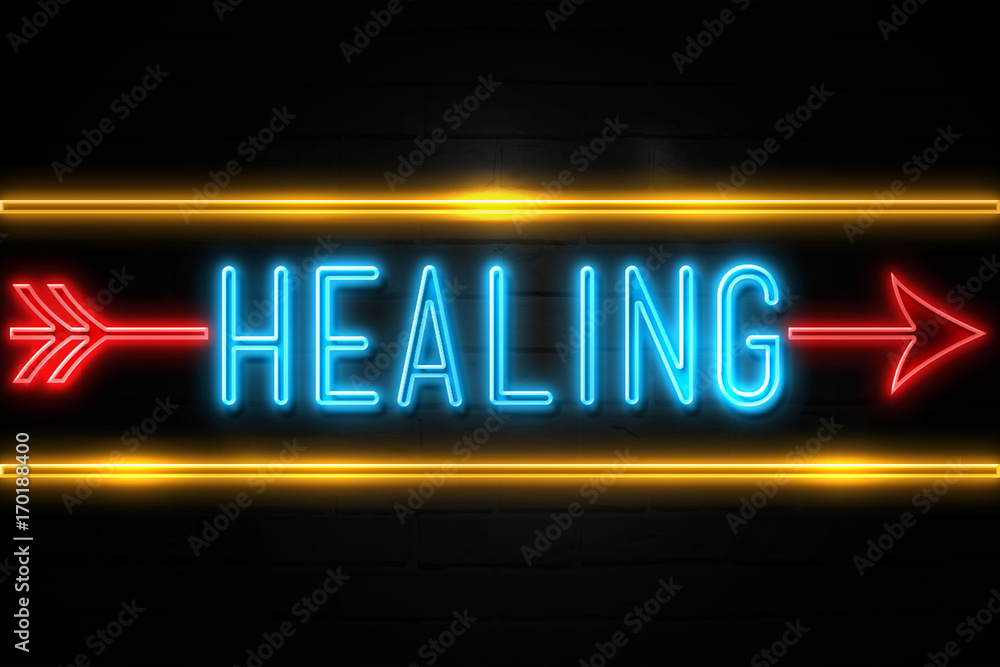 Healing  - fluorescent Neon Sign on brickwall Front view