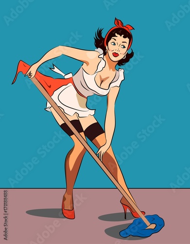 vector illustration of a sexy housewife in pinup style cleaning a tile floor
