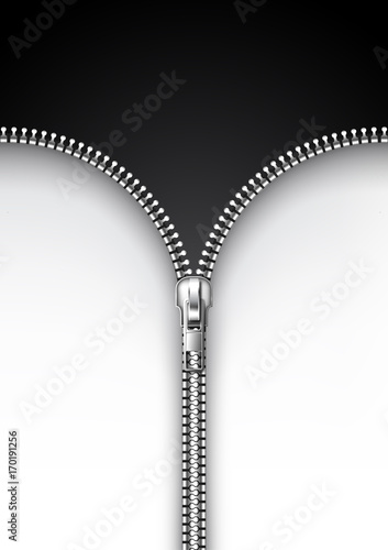 Realistic metal and steel zipper is opened and closed zip position, clothes accessory, vector illustration