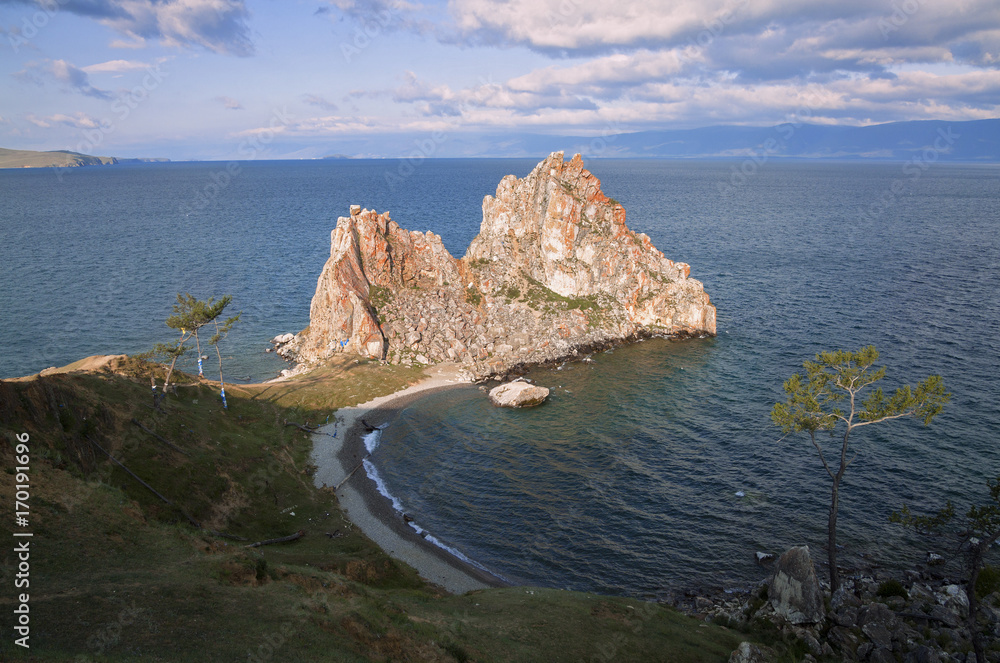 Rock Shaman Stone and cape Burhan on Olkhon Island, Eastern Siberia, Irkutsk region 
