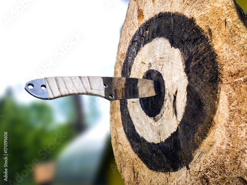 throwing knives in the open air, hit the target when throwing knives