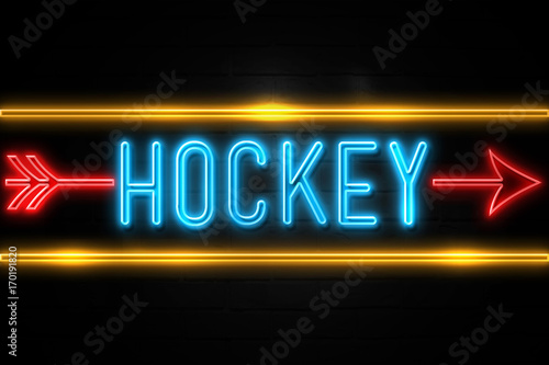 Hockey - fluorescent Neon Sign on brickwall Front view