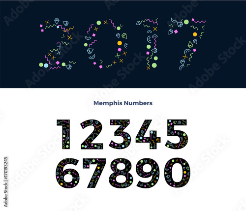 Set of Memphis Numbers, Decorative Letters, Abstract Pattern filled Numbers