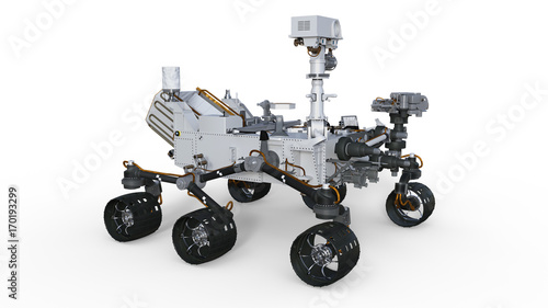Mars Rover, automated space motor vehicle isolated on white background, 3D illustration