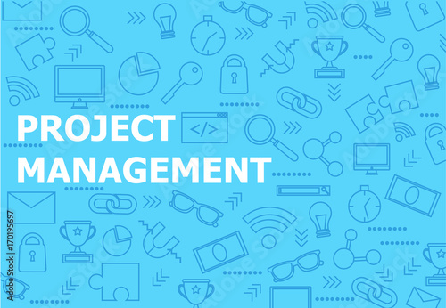 Blue Project Management banner background with line icons. 