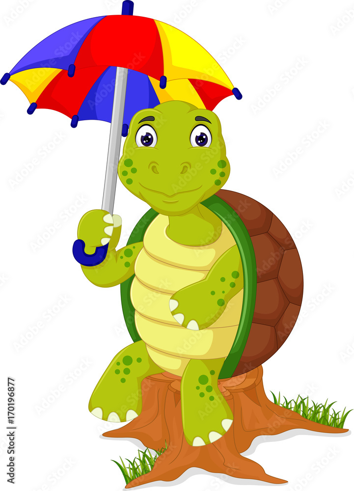 Obraz premium cute turtle cartoon sitting with bring umbrella