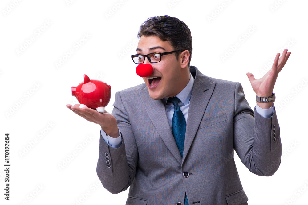 Funny clown businessman with a piggy bank isolated on white back Funny clown businessman with a piggy bank isolated on white back
