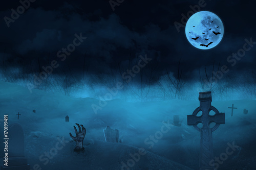 Gothic scene with zombies and tomb