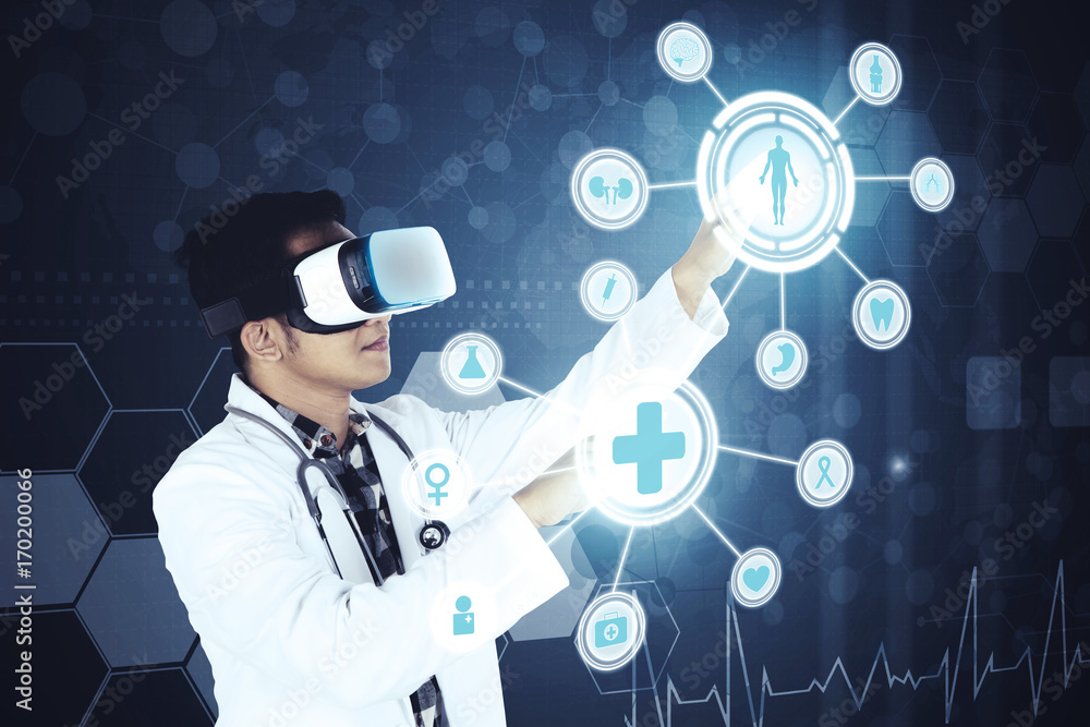 Asian doctor working with futuristic screen Asian doctor working with futuristic screen