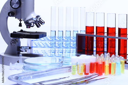 Photos Set of Research and Development Kit, medial tools and scientist equipment
