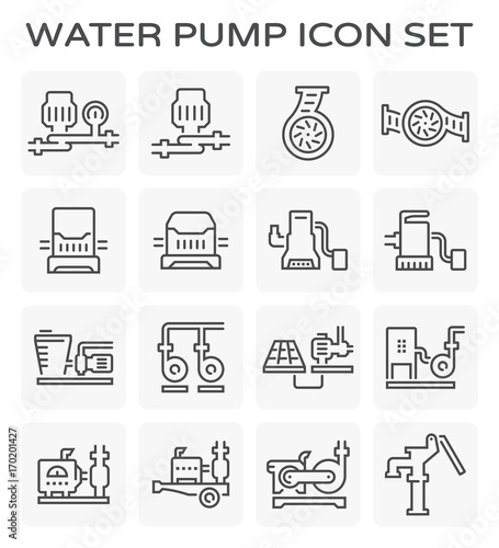 Water pump station icon. Consist of centrifugal, submersible and well pump. Powered by engine, hand and electric motor with solar energy. For water supply infrastructure, plumbing and irrigation.