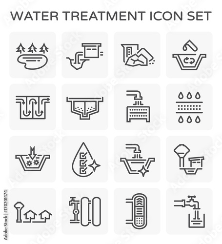 Water treatment plant and water filter and wastewater or waste water vector icon set. Purification system include. That removes sewage and sludge to improves the quality water for facility and supply.