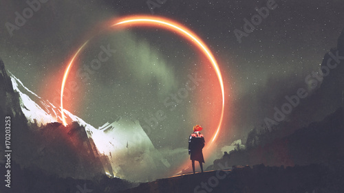 Fototapeta człowiek stojący przed czerwonym świetle koła, cyfrowy styl, malarstwo ilustracja