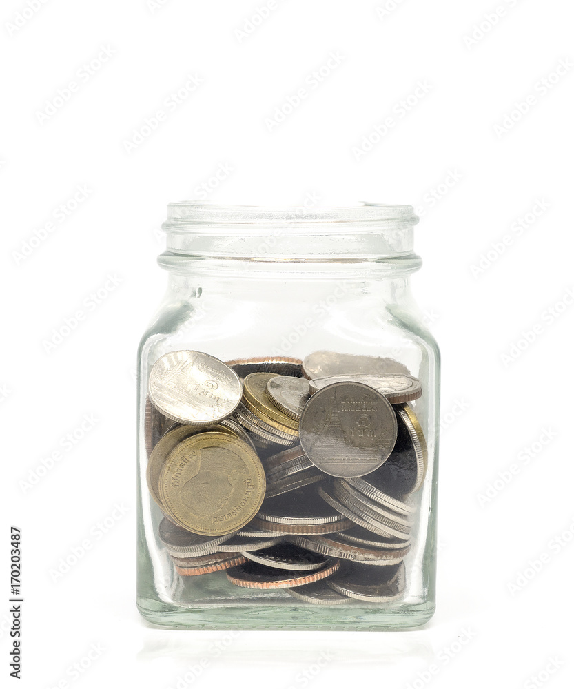 Money Thai baht of Coins in Glass Jar Isolated on a White Background, Concept save money, financial Money Thai baht of Coins in Glass Jar Isolated on a White Background, Concept save money, financial
