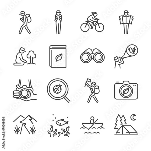 Eco tourism line icon set. Included the icons as traveler, camera, map, tourist, view, bird watching, camping and more.