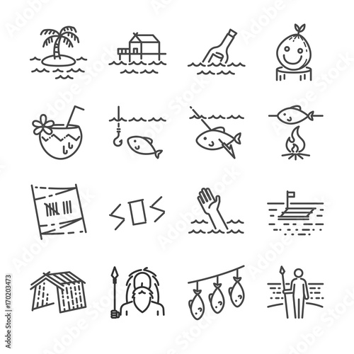 Island survival line icon set. Included the icons as survivor, fishing, island, shelter, sos sign, raft, message in a bottle and more.