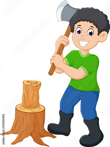 A man cutting wood use ax cartoon