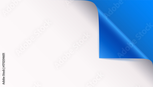 Page curl with shadow on blank sheet of paper. Vector curled corner of white paper with shadow. Close-up isolated on blue background. Paper sticker, 3D illustration