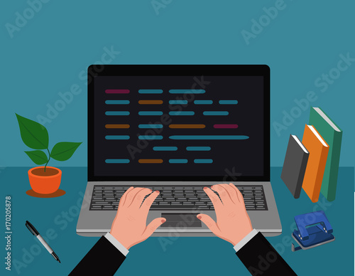 hands typing on laptop, vector illustration