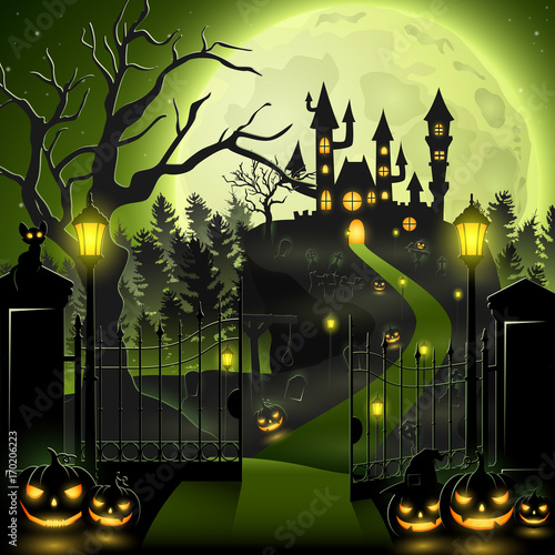 Creepy graveyard with castle and pumpkins