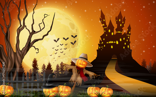Scary castle with scarecrow and pumpkins on the full moon