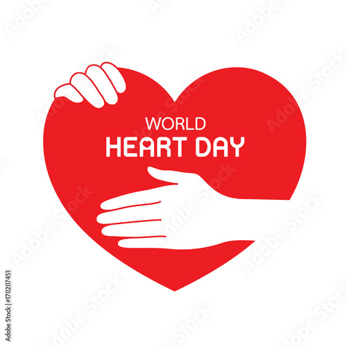World Heart Day icon design. Red heart with hand. Health care concept. Vector illustration isolated on white background.