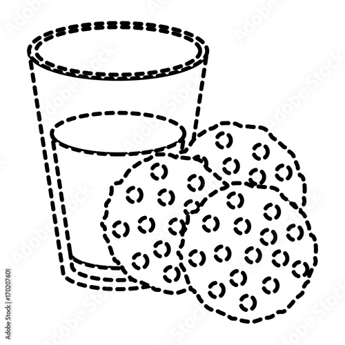 chocolate chip cookies with glass of milk dotted silhouette on white background