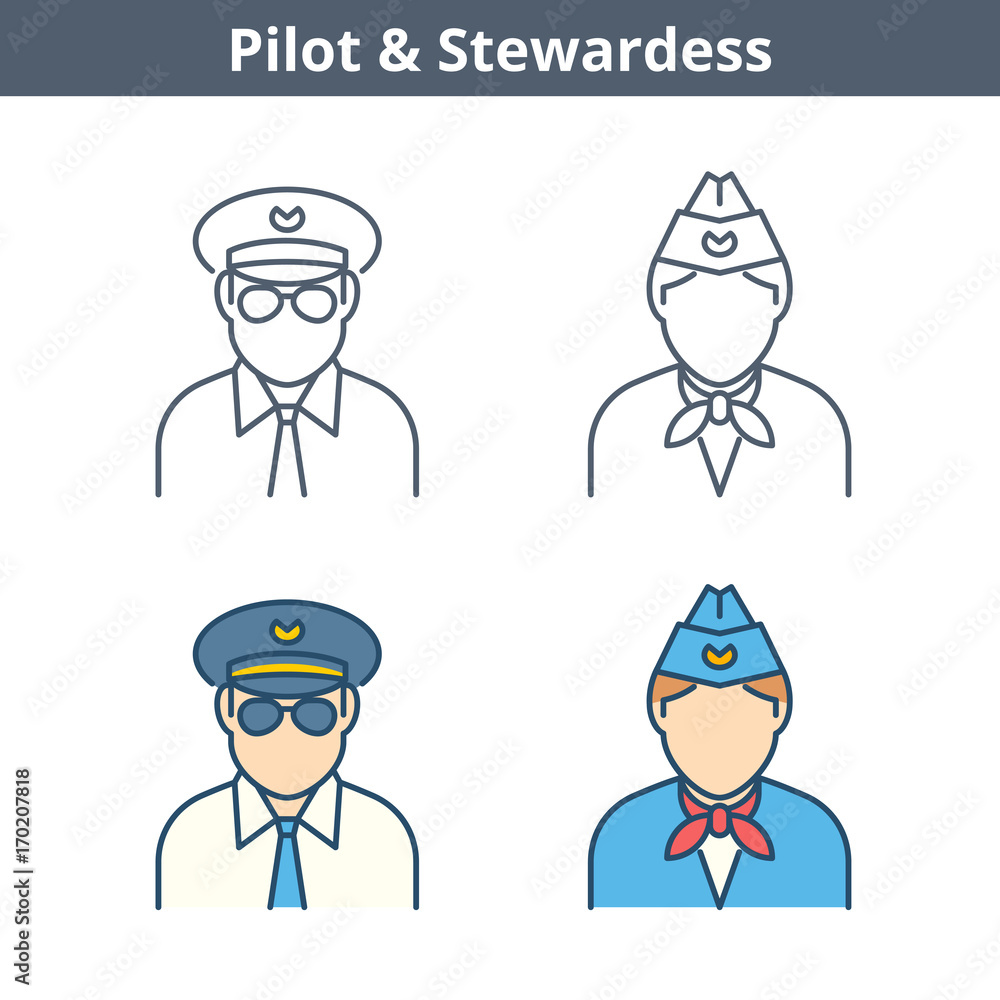 Occupations colorful avatar set: pilot, stewardess. Flat line professions userpic collection. Vector thin outline icons for user profiles, web design, social networks and infographics.