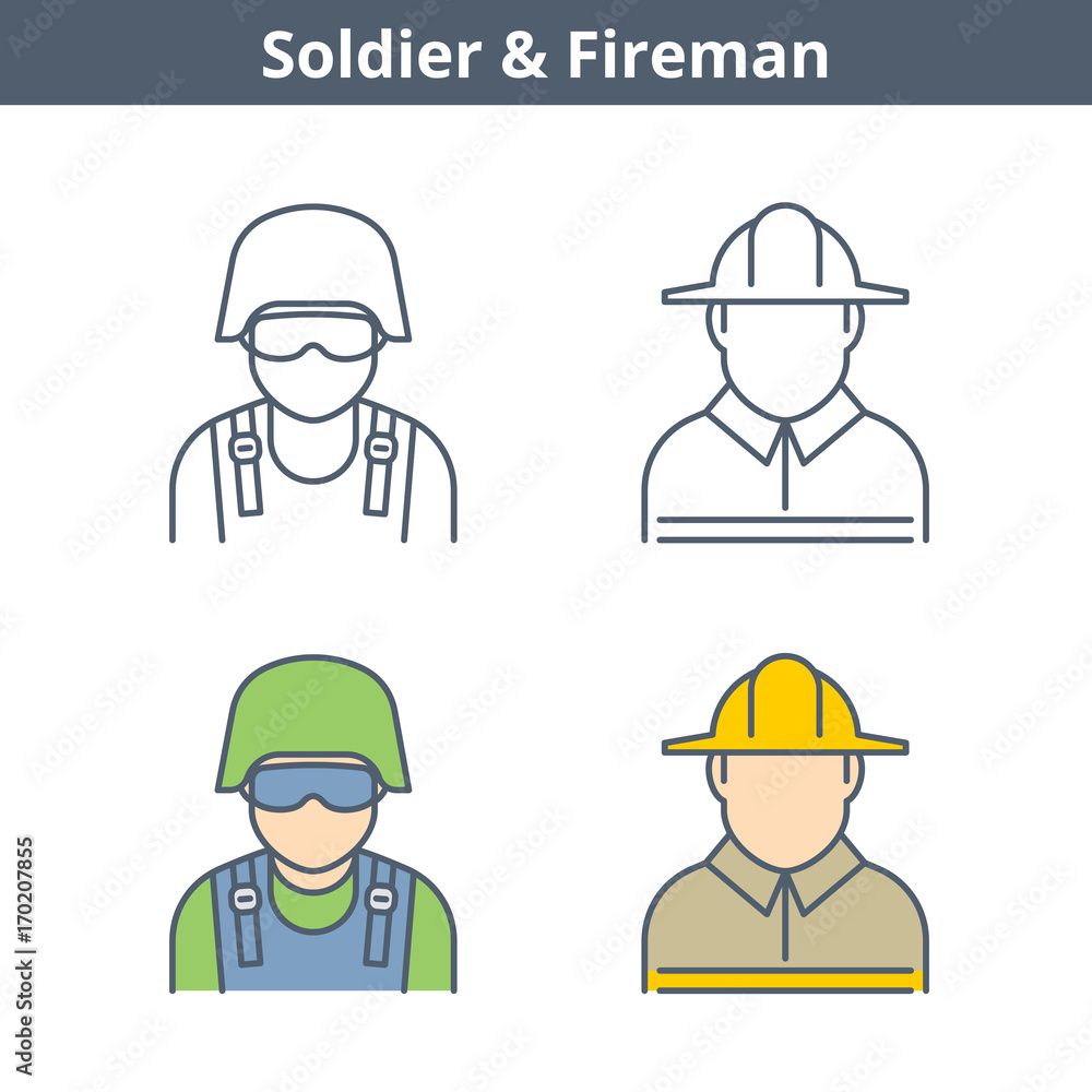 Occupations colorful avatar set: fireman, soldier. Flat line professions userpic collection. Vector thin outline icons for user profiles, web design, social networks and infographics. Occupations colorful avatar set: fireman, soldier. Flat line professions userpic collection. Vector thin outline icons for user profiles, web design, social networks and infographics.