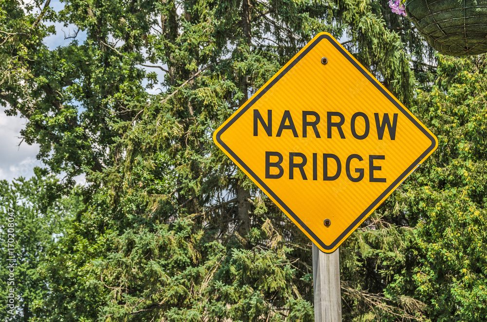 Yellow and Black Narrow Bridge Sign