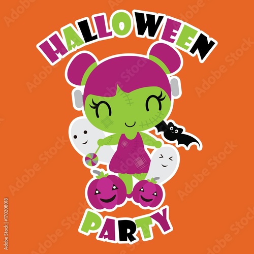 Cute zombie girl with her friends on orange background vector cartoon illustration for halloween card design, wallpaper and kid t-shirt design