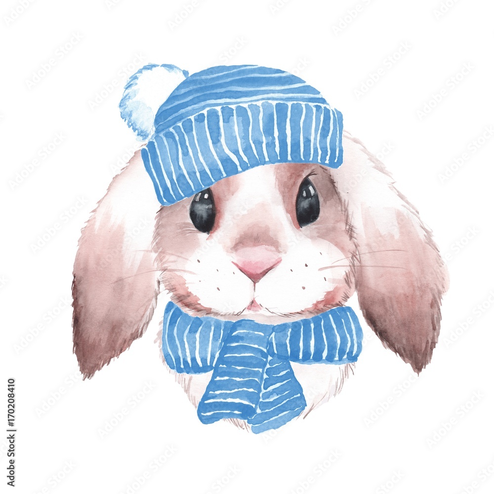 Obraz premium Cute rabbit in blue hat. Watercolor illustration. Isolated on white background